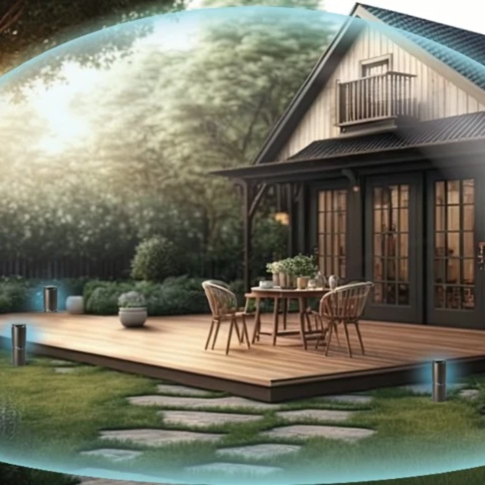 A rendering of an outdoor backyard area, with a blue shield representing the protection offered by Thermacell