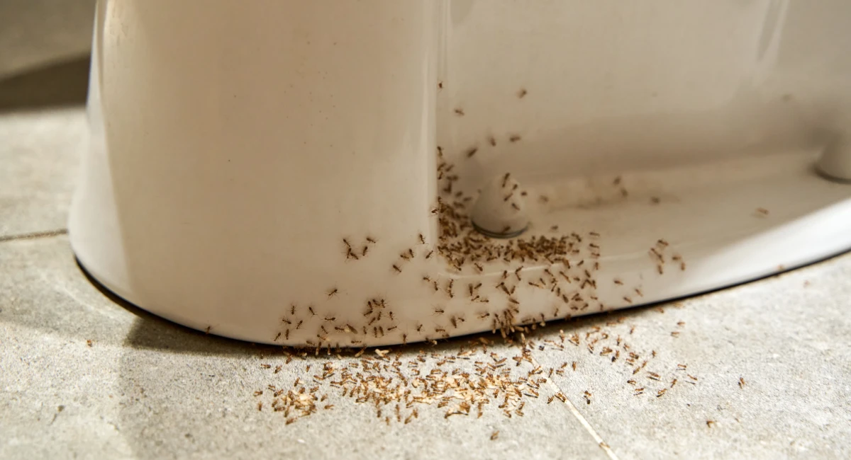A colony of tiny ants in a bathoom