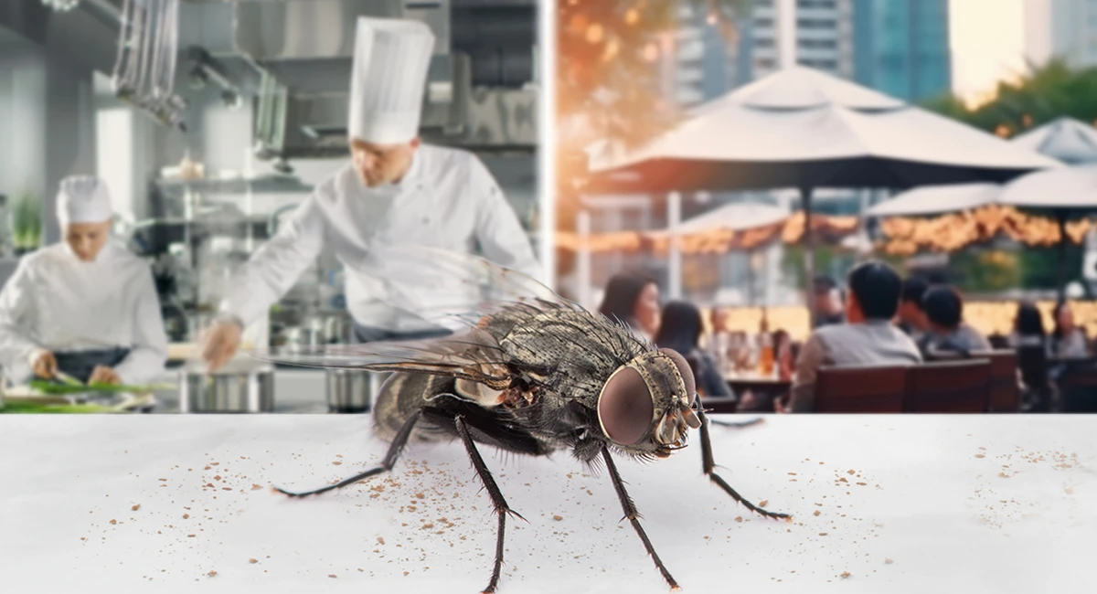 Close-up of a fly on a surface, with a commercial kitchen and an outdoor dining area blurred in the background