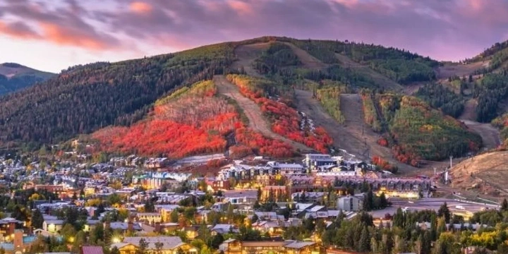 Aerial view of downtown Park City, Utah with the mountains in the distance