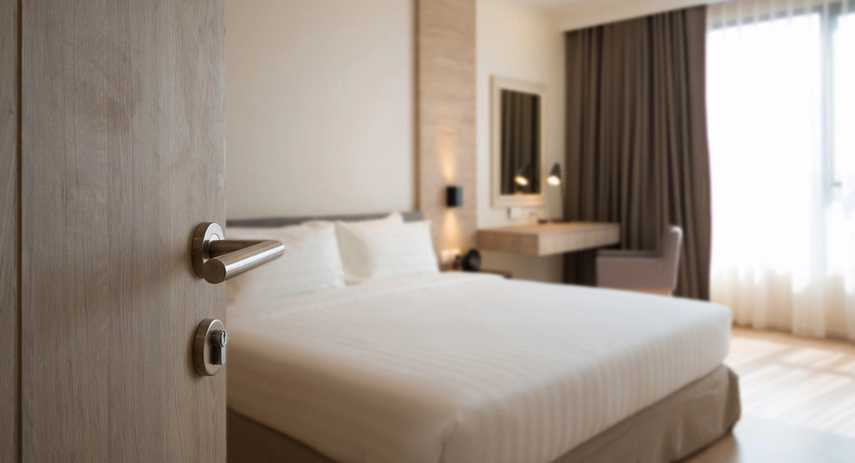 Opened door of hotel room