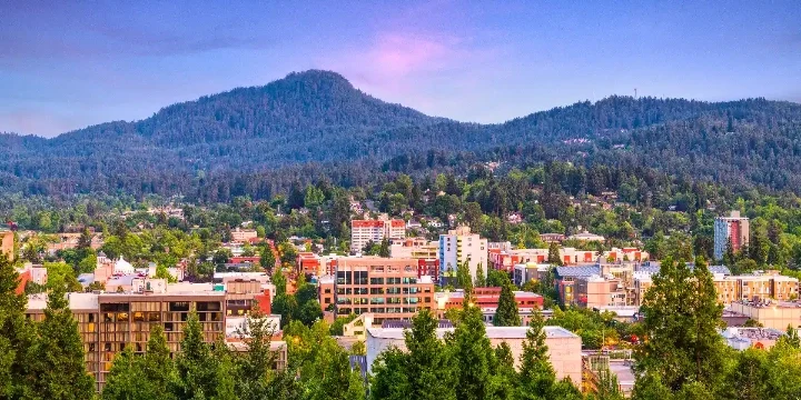 View of downtown Astoria, Oregon bordering a body of water with a large bridge over it.