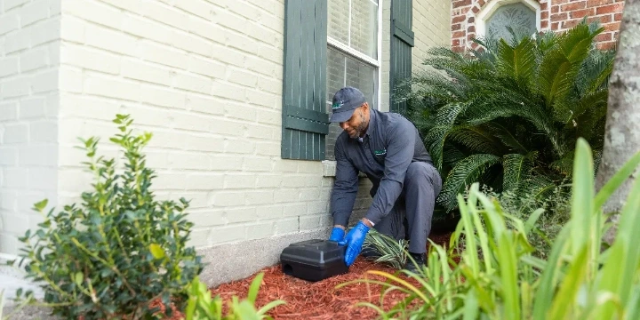 Male colleague laying down rodent trap