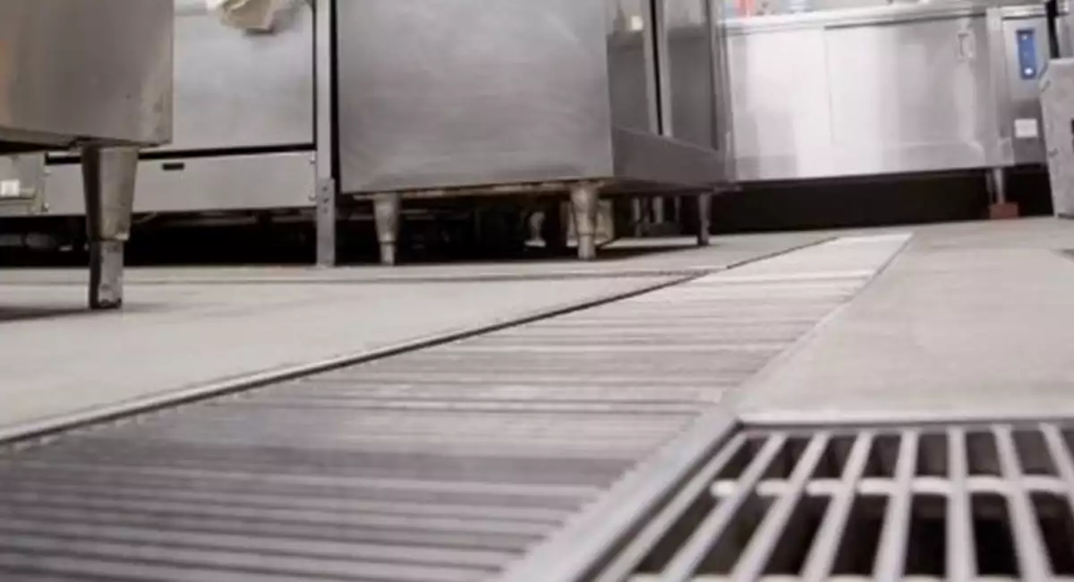 Restaurant kitchen with floor drain