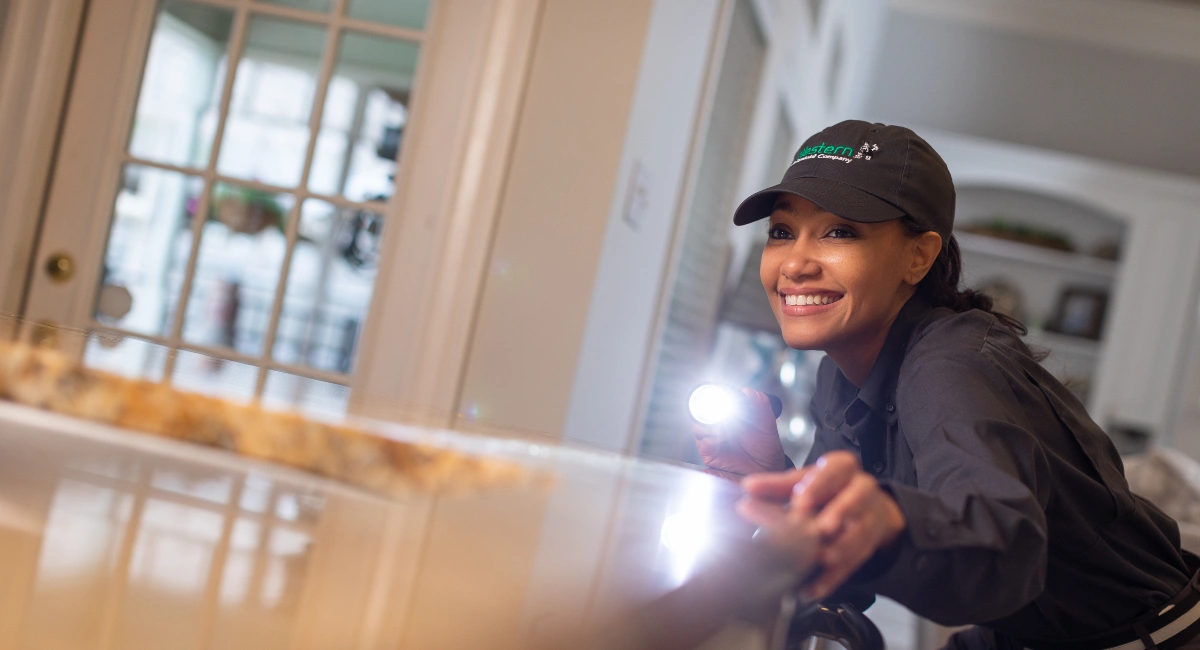 Western Exterminator technician inspecting kitchen
