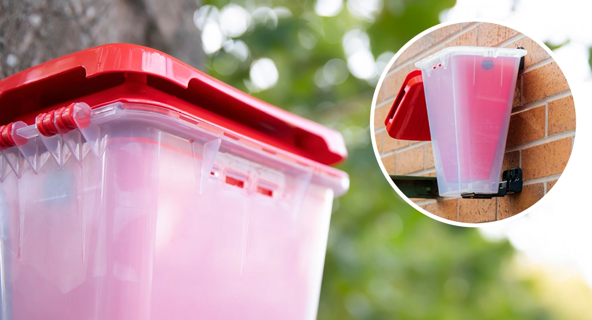 An EcoCatch fly trap with its red lid and translucent container, with an inset showing the unit mounted on a brick wall outdoors 