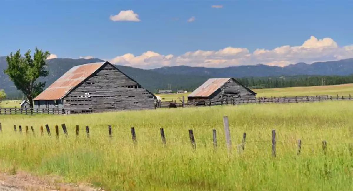Old farm buildings in a green rangeland in Idaho with a blue sky as the background.