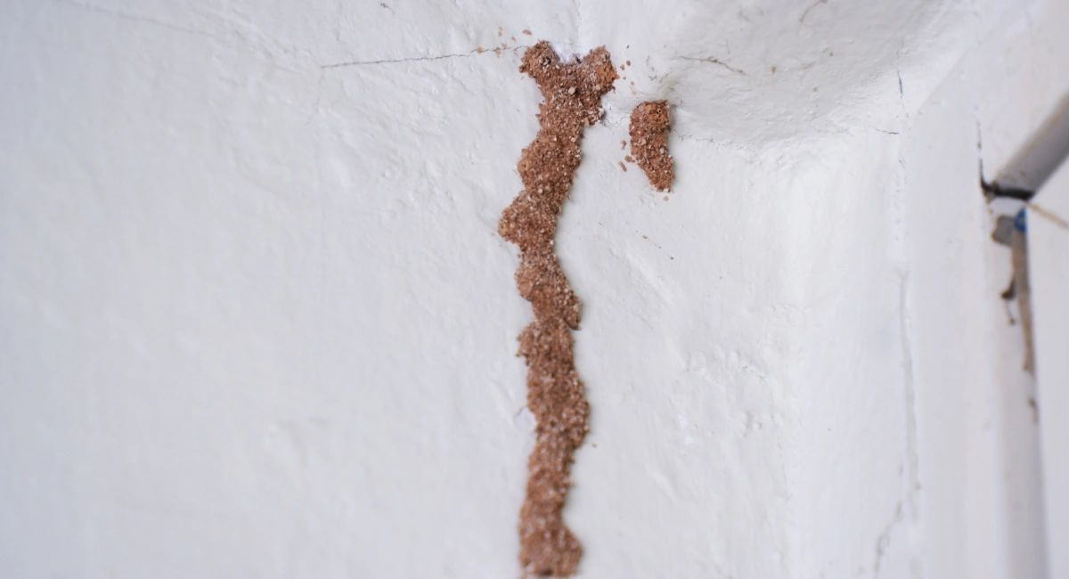 A termite mud tube, brown, running up the face of a wall