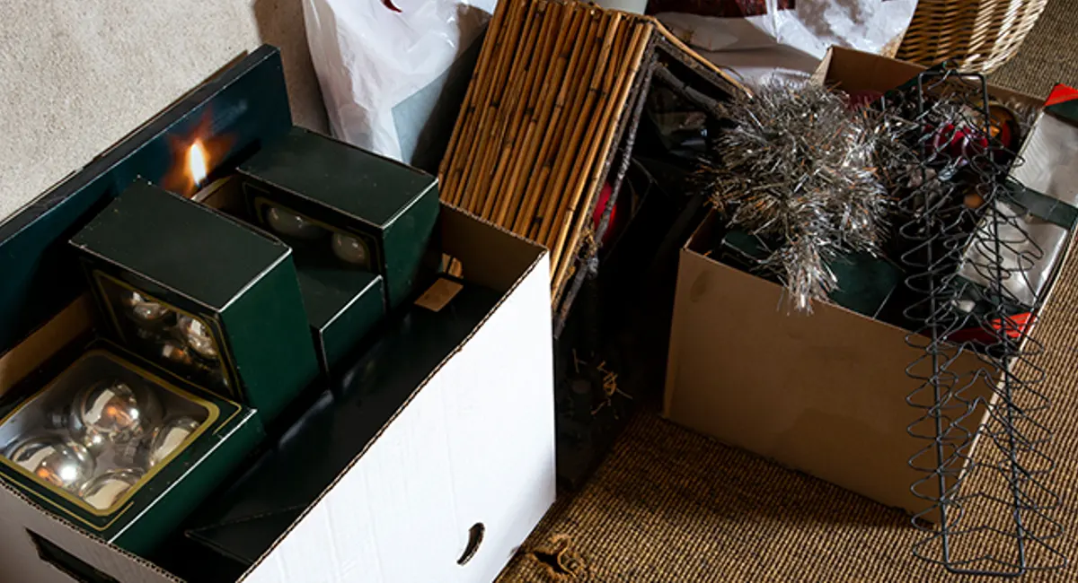 christmas decorations in boxes
