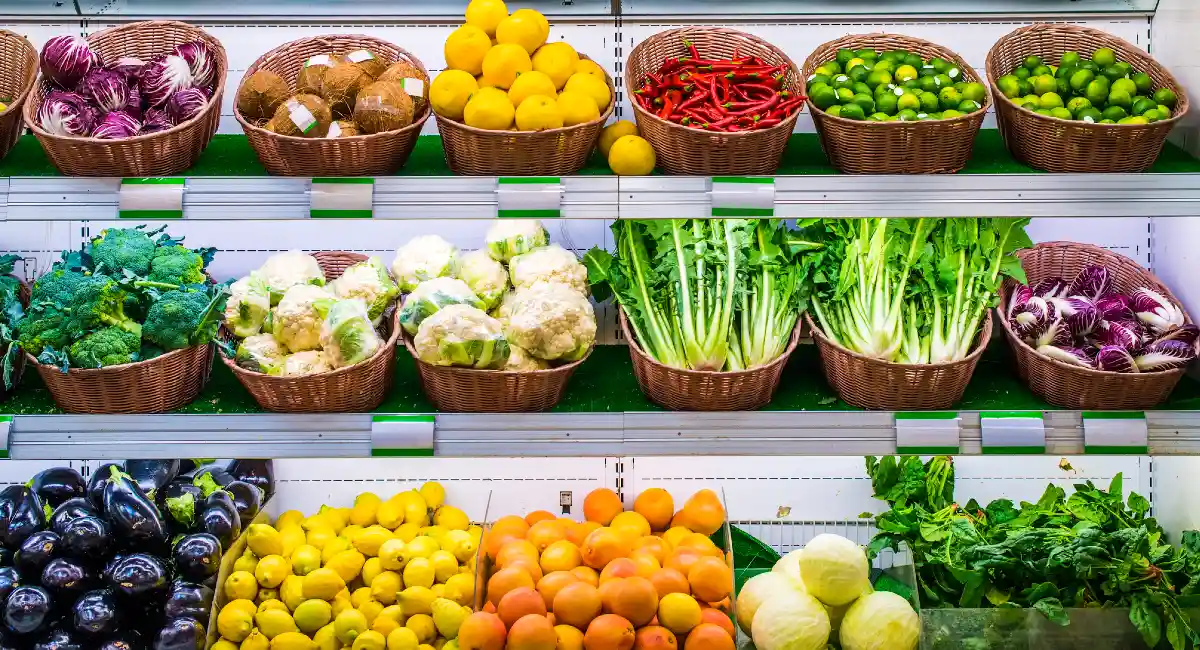 Colorful array of fruits and vegetables.